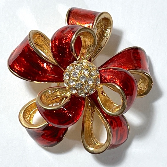 Vintage Kenneth Cole KC Gold Red Enamel Ribbon Bow Brooch - Picture 1 of 10